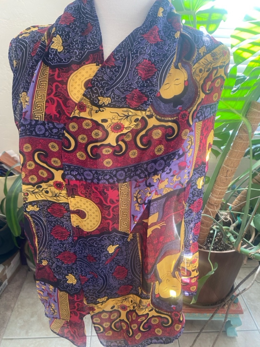 Buddha Print Lightweight Scarf in Navy, Red & Gold - Picture 2 of 3